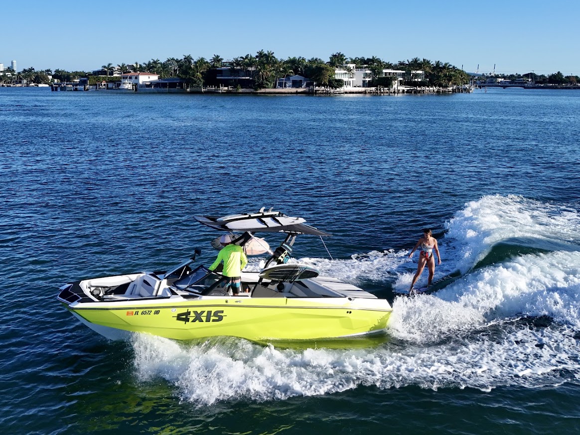 MTWA private wake sports boat — tubing, wakeboard, and wakesurf charter Miami