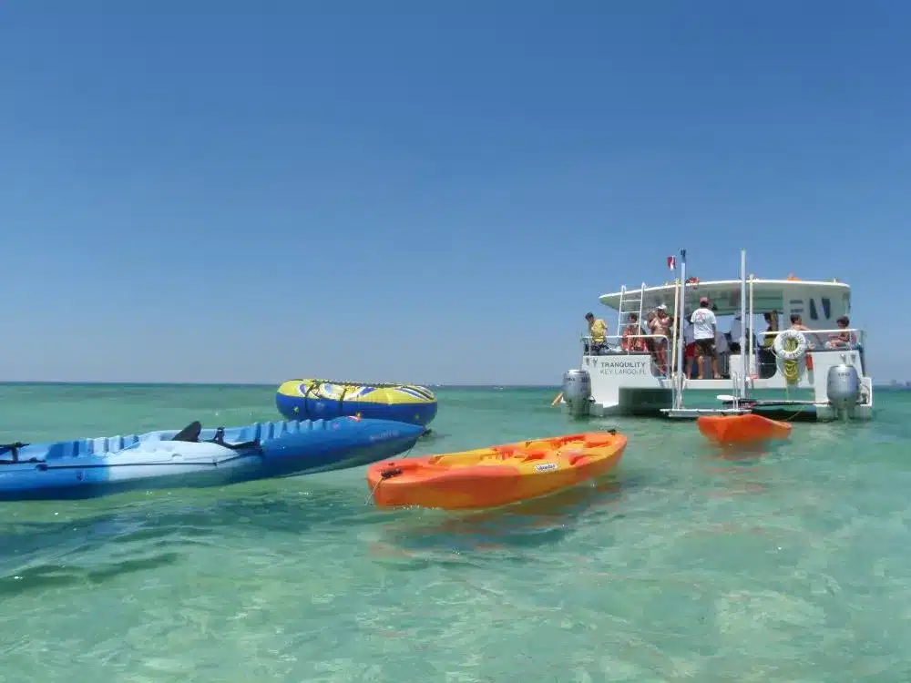 Tranquil catamaran anchor stop on Miami Bay with water toys ready for guest deployment