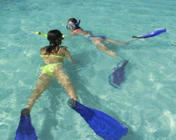 Two guests snorkeling in clear shallow turquoise water on a private Miami snorkel charter