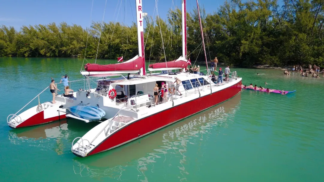 Large group private catamaran charter navigating Miami Beach