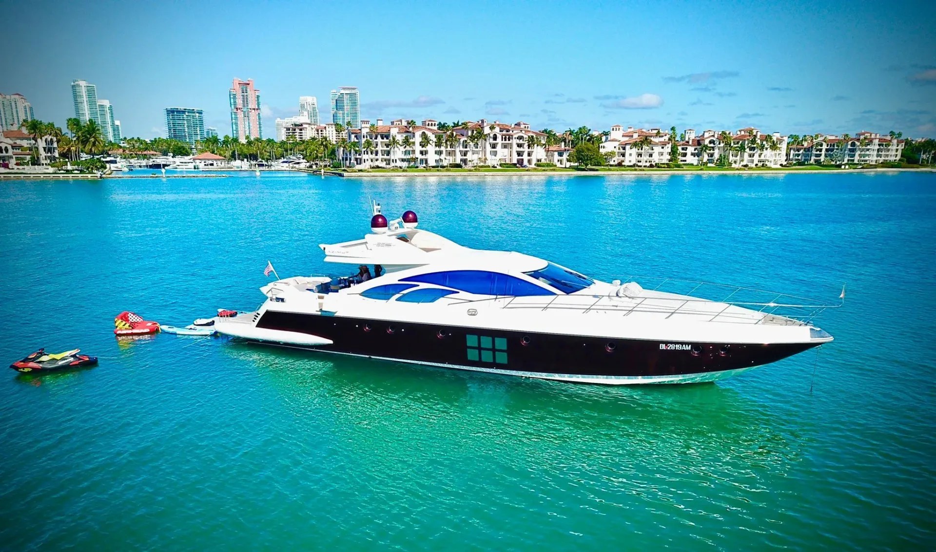 Wide view of the 62 Azimut luxury yacht charter on Biscayne Bay