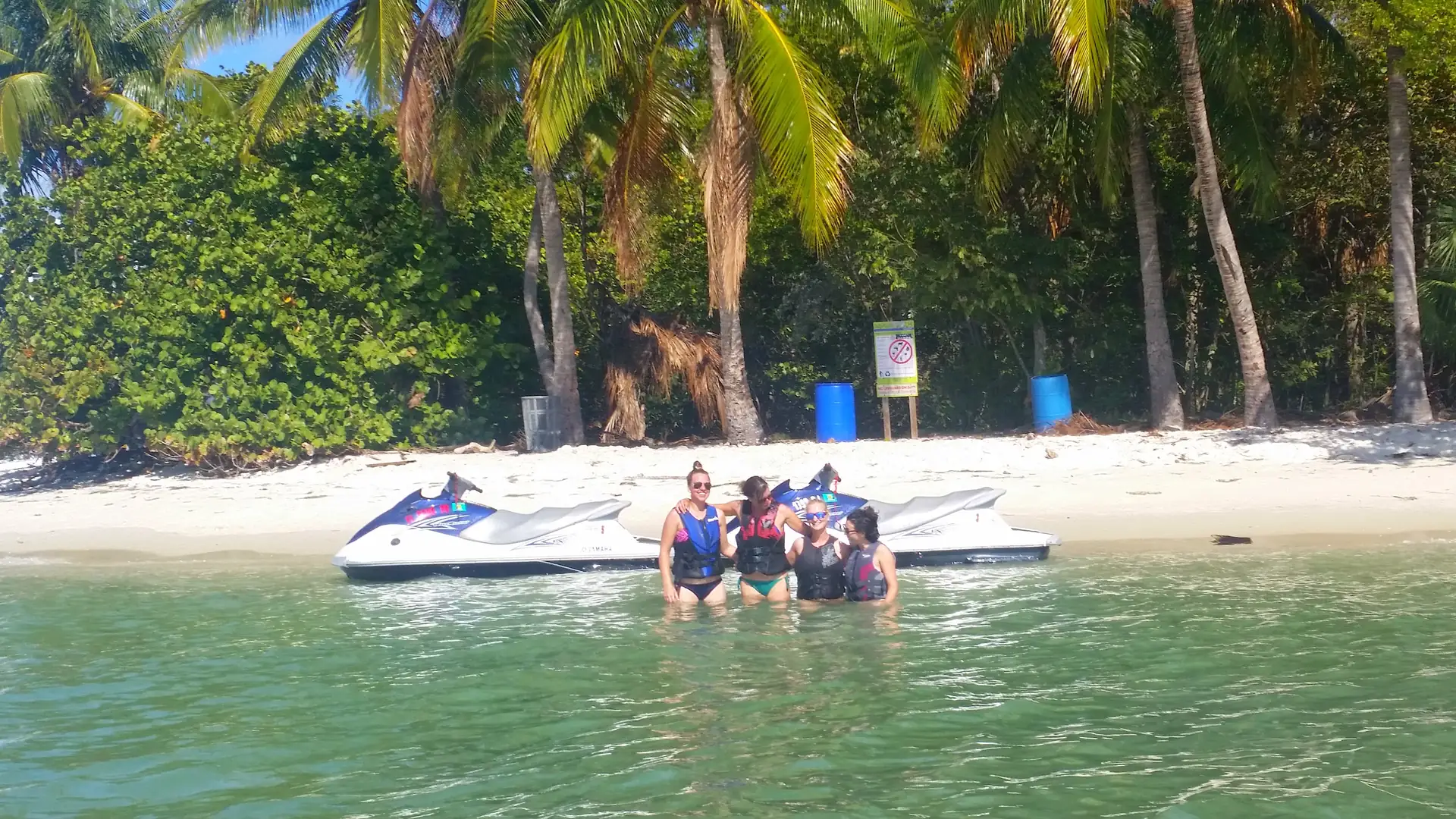 Jet ski pulled up on a palm-lined island beach with guests wading in clear shallow water near Miami