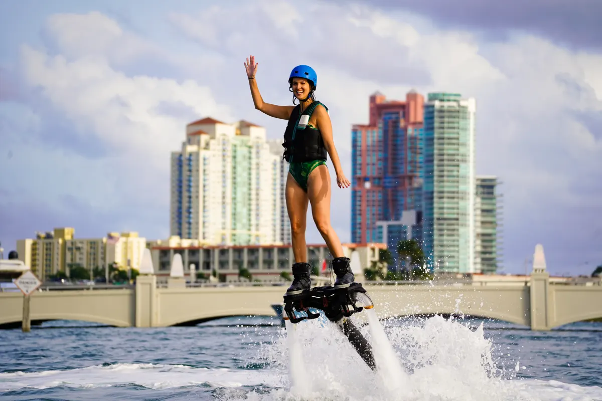 Flyboarder rising above Biscayne Bay, Miami