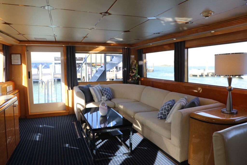 Luxurious main salon interior of the 80 ft Solstice yacht